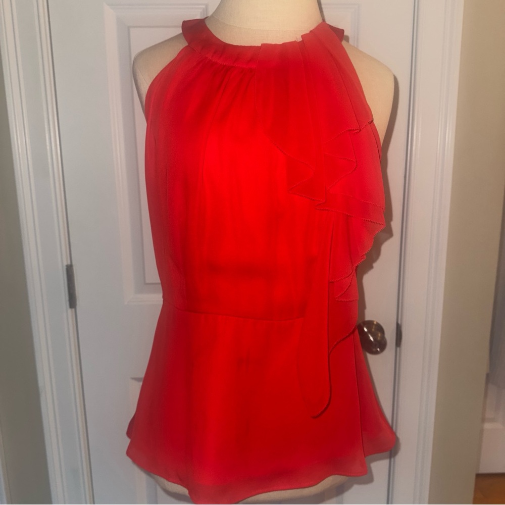 White House Black Market Vibrant Red Ruffle Blouse